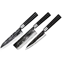 Samura Super 5 Damasco - Juego de 3 cuchillos de cocina japoneses- Nakiri- Utility- Santoku- Micarta- dureza 60 HRC